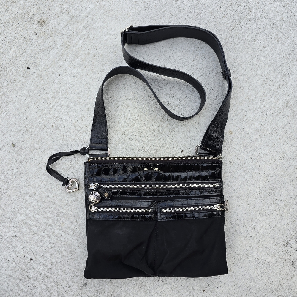 Vintage Brighton Go Go Slim Croc Embossed Black Patent Leather Messenger Bag